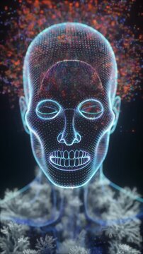 Dynamic digital human head glowing with pulsating brain activity and expanding neural connections, representing cognition, consciousness