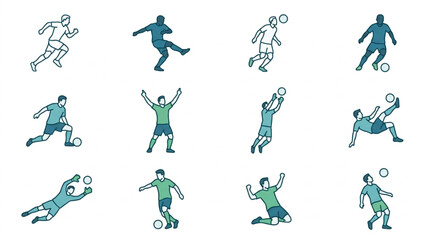 Fototapeta premium Soccer Player Icon Set: Action Poses and Goalkeeper