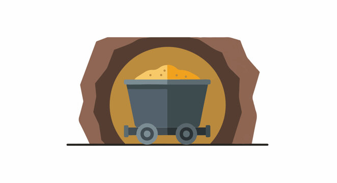 Mining cart filled with ore inside a cave entrance