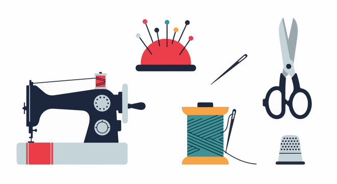 Sewing machine, pins, needle, thread spool, scissors, thimble