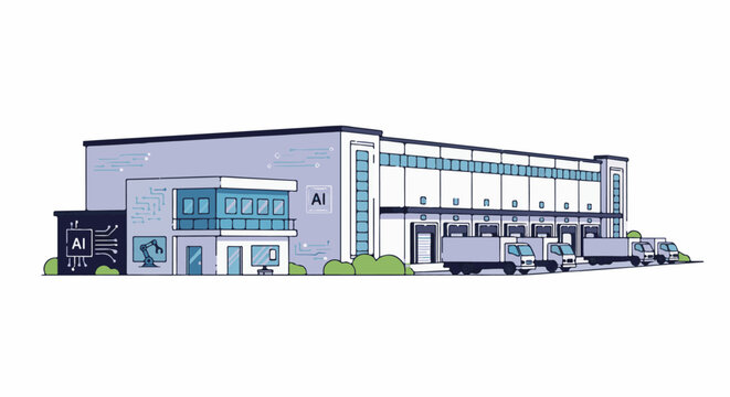 Modern AI-powered distribution center with automated loading docks and delivery vehicles