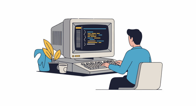Person typing code on vintage computer with plant and mug