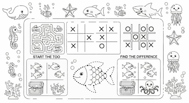 Ocean-themed activity sheet with maze, tic-tac-toe, dot-to-dot, and spot-the-difference