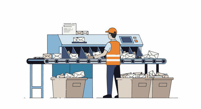 Mail handler sorts letters on a conveyor belt at a processing facility