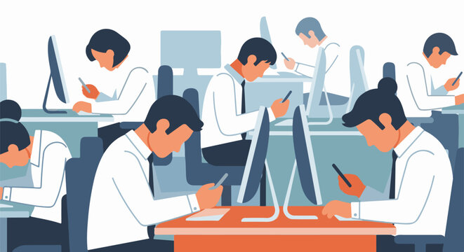 Office workers focused on screens and phones, working or procrastinating