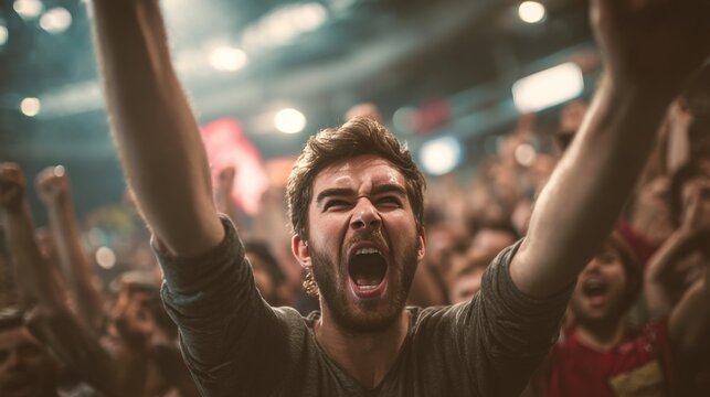 Excited man cheering energetically in a lively concert crowd