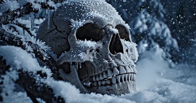 Human Skull Covered in Frost and Snow During a Winter Blizzard