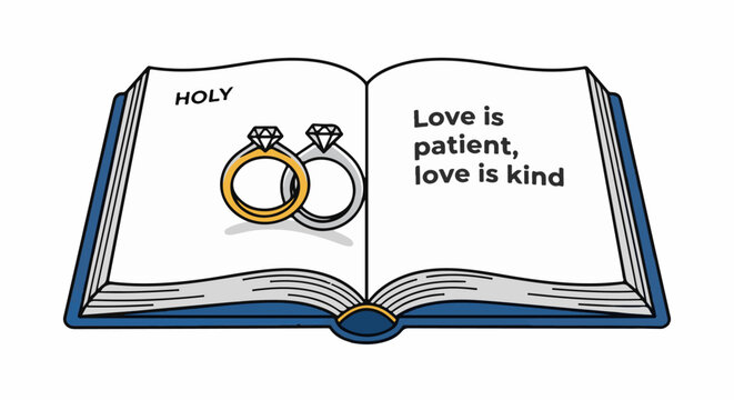 Open book with wedding rings and a quote about love