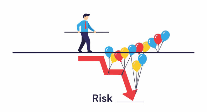 Person balancing on tightrope with balloons pulling down a red arrow