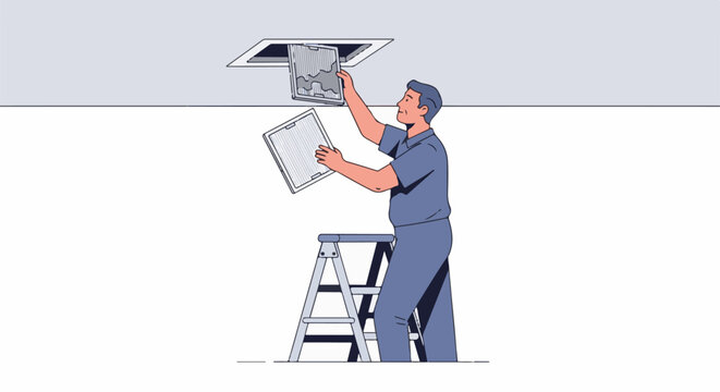Man on ladder changes dusty air filter in ceiling vent