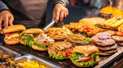 Obraz premium Fresh Street Food Vendor Preparing Delicious Meals at Dusk with Warm Light