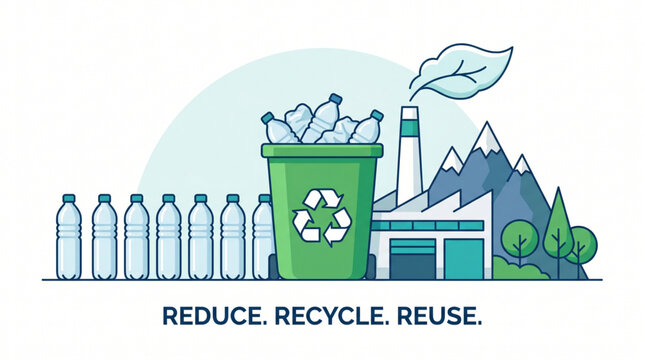 Plastic bottles being recycled at a factory with mountains and trees.