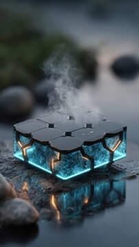 Futuristic Ice Block on Water with Vapor Reflective Surface.