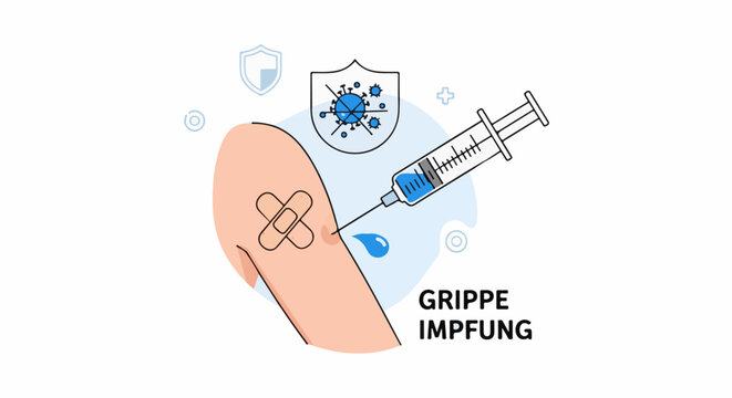 Medical illustration of flu vaccination with syringe and protected arm