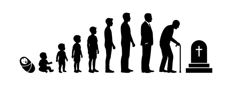 Human life cycle from birth to death silhouettes. Vector aging process timeline.