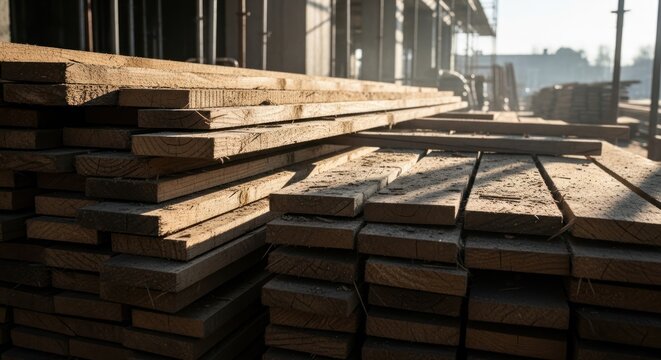 Stacked lumber at construction site, raw wood planks, outdoor photo-realistic