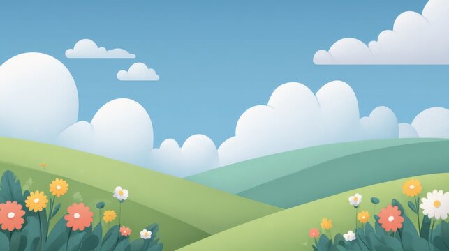 Colorful spring landscape with rolling hills and fluffy clouds