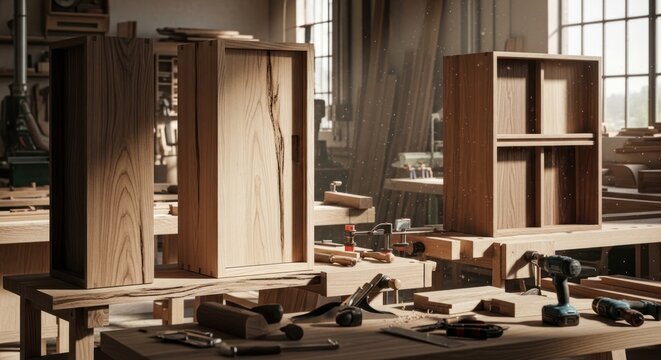 Photo-realistic Carpentry Workshop Scene with Unfinished Wooden Cabinets and Woodworking Tools, Craftsmanship