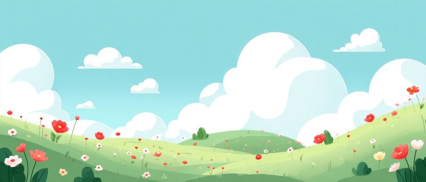 Idyllic cartoon landscape with rolling hills and fluffy clouds