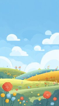 Colorful cartoon landscape with rolling hills and fluffy clouds