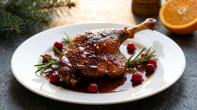Gourmet Duck Confit with Cranberries Rosemary and Orange Garnish a Festive Holiday Meal