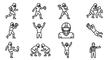 Obraz premium American Football Player Icons Set: Action Poses and Uniform Elements