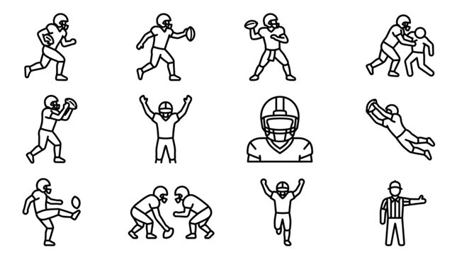 American Football Player Icons Set: Action Poses and Uniform Elements