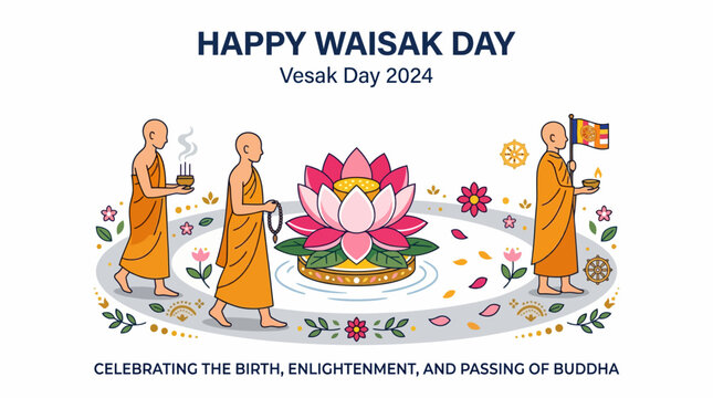 Buddhist Monks Walking Around Huge Lotus Flower for Vesak Day Celebration