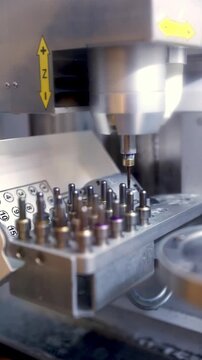 Closeup Of Machine Selecting Precise Tools. Precision Milling Head Carefully Chooses Drills From Array