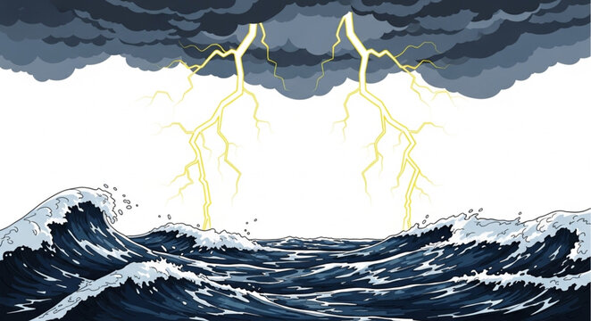 Powerful lightning strikes over stormy ocean waves.