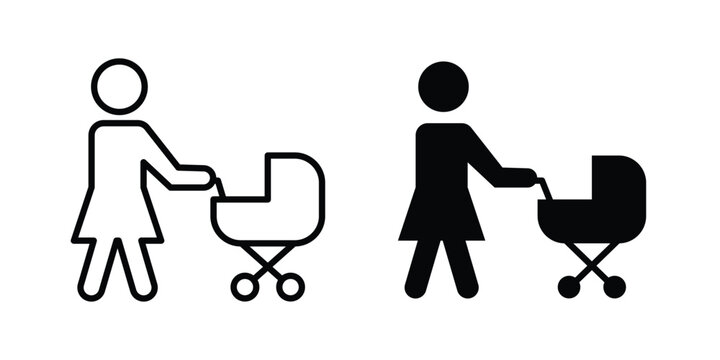 Woman with Baby Stroller icon or symbol set