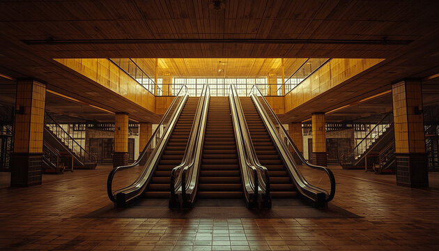 abandoned 1990s german department store, empty escalators, warm yellow orange lighting, faded tiles, dusty air, old german shopping mall, liminal space, eerie nostalgic atmosphere, realistic photograp