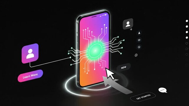 Smartphone with neon circuit design on screen against black background