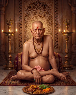Divine Shri Swami Samarth Spiritual Portrait with Golden Aura and Sacred Temple Background &ndash; Devotional Hindu Wall Art