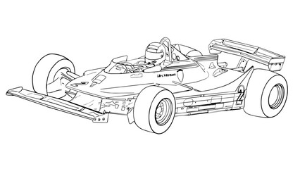 Fototapeta premium Vintage Formula 1 racing car line art, retro F1 race car illustration with driver