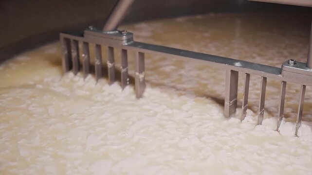 4k close up footage of mechanic arms mixing hot milk at the dairy factory. closeup of wire frames rotating in automated heating vat at cheese plant, cutting yellow mass into pieces and separating it f