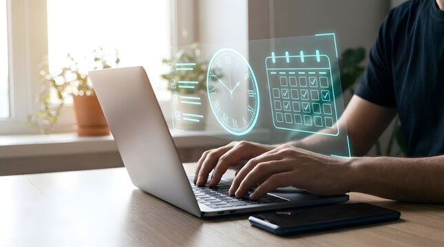 Time management and productivity concept with person typing on laptop surrounded by digital clock, calendar, checklist, workflow icons, symbolizing task scheduling, efficiency, effective organization 