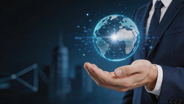 Businessman hand holding holographic earth globe surrounded by binary code and digital network lines, symbolizing global business strategy, cybersecurity, big data management,