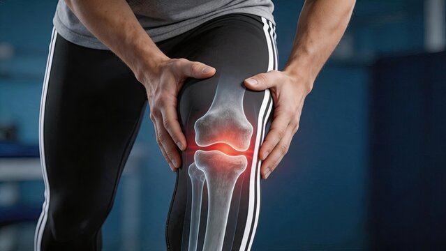 Knee pain injury concept with athlete holding leg, x-ray bone structure overlay, joint inflammation arthritis treatment, sports medicine rehabilitation therapy, orthopedic