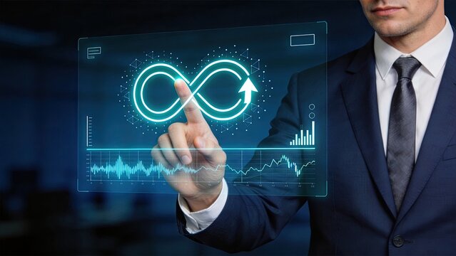 Business professional interacting with futuristic holographic interface displaying infinity symbol and growth arrow, representing continuous improvement, sustainable development,