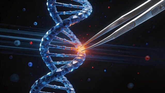 Gene editing concept with tweezers modifying DNA helix structure, precision genetic engineering and biotechnology research for medical science innovation