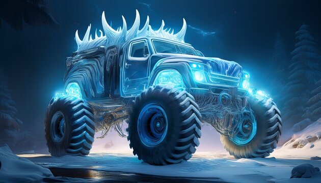 frozen ice monster truck with glowing blue tusks front