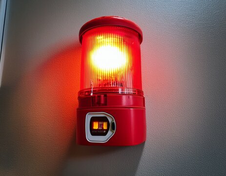 a fire alarm strobe light flashing urgently on a wall in a commercial building during an evacuation