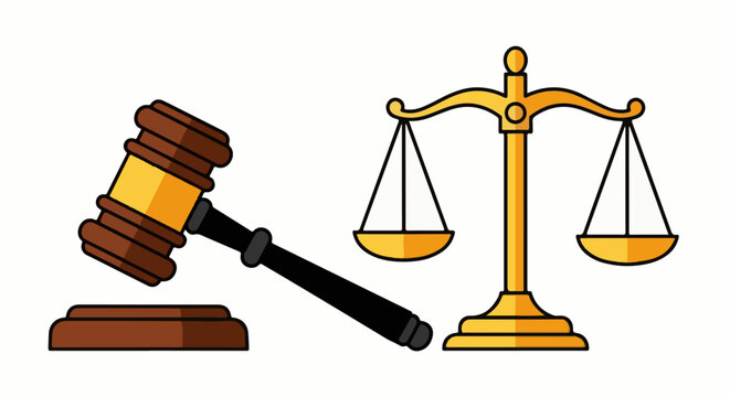 A brown gavel rests on its base next to golden scales of justice