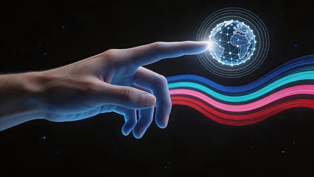 Finger touching a digital wireframe globe with colorful light trails representing global communication networks, international data transfer, worldwide connectivity, and the