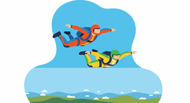 Two skydivers in colorful suits freefall against a blue sky and landscape