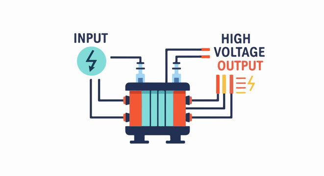 Simplified diagram of a transformer with input and output voltage indicators