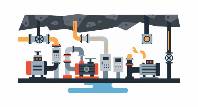 Industrial pumps and pipes in a mine shaft with control panels