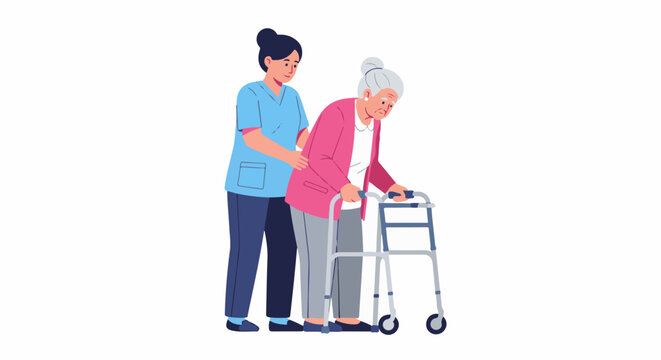 Healthcare aide assists elderly person using a walker for mobility support