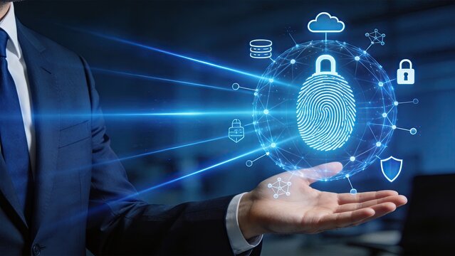Hand holding biometric security system with fingerprint scan, cloud storage, and shield icons, illustrating cybersecurity, identity verification, and data protection technologies.